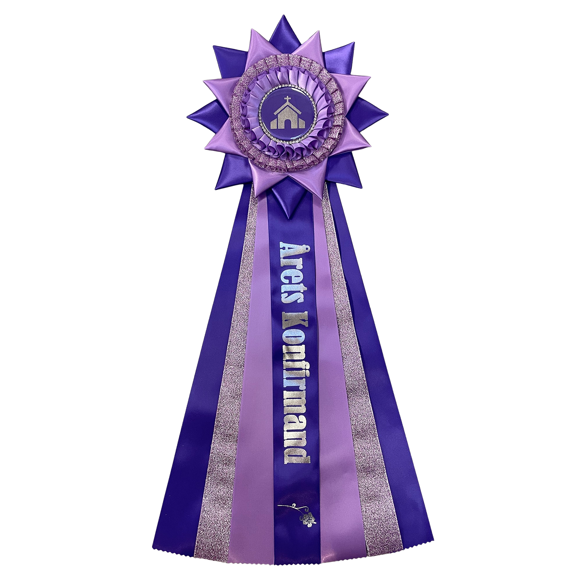 Stor konfirmationsrosette med glimmerbånd og rhinsten - Regal Purple